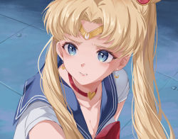 Rule 34 | 1girl, bishoujo senshi sailor moon, blonde hair, blue eyes, blue sailor collar, bow, breasts, choker, circlet, cleavage, collarbone, crescent, crescent earrings, diadem, earrings, hair over shoulder, highres, jewelry, long hair, looking to the side, medium breasts, meme, midori xu, parted bangs, red bow, red choker, sailor collar, sailor moon, sailor moon redraw challenge (meme), sailor senshi uniform, shirt, solo, tsukino usagi, twintails, upper body, white shirt