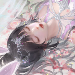 Rule 34 | 1girl, aclassical, animal ears, black hair, closed eyes, closed mouth, curtains, douluo dalu, dress, dust, hair ornament, highres, lying, on back, petals, pink dress, ponytail, rabbit ears, second-party source, sleeping, solo, upside-down, xiao wu (douluo dalu)