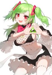 Rule 34 | 1girl, :d, ahoge, alternate hairstyle, apron, bare shoulders, black shirt, black skirt, bow, bowtie, breasts, cleavage, crop top, delutaya, detached sleeves, earrings, fishnets, frilled shirt, frilled skirt, frilled sleeves, frills, green hair, hair ornament, highres, indie virtual youtuber, jewelry, keureu (tiqkdtiqkd10), large breasts, long hair, looking at viewer, maid, maid apron, midriff, miniskirt, nail polish, navel, open mouth, red eyes, revealing clothes, shirt, sideboob, sidelocks, simple background, skirt, smile, solo, stomach, thighhighs, triangle, two side up, virtual youtuber, waist apron, white background, white thighhighs, wide sleeves, zettai ryouiki
