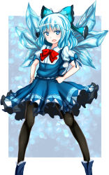Rule 34 | 1girl, adapted costume, black pantyhose, blue dress, blue eyes, blue hair, bow, cirno, crayon (medium), dress, hair bow, ice, ice wings, looking at viewer, matching hair/eyes, open mouth, pantyhose, puffy short sleeves, puffy sleeves, shirt, short sleeves, solo, touhou, traditional media, wings, zibun owl