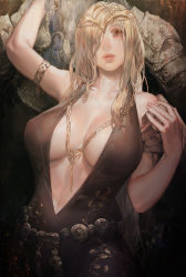Rule 34 | 1boy, 1girl, aoin, armlet, beard, black dress, blonde hair, braid, braided beard, breasts, circlet, cleavage, dress, elden ring, facial hair, from software, godfrey first elden lord, highres, holding hands, large breasts, lips, long beard, long hair, looking at viewer, mother and child, mother and son, navel, parted lips, queen marika the eternal, solo focus, yellow eyes