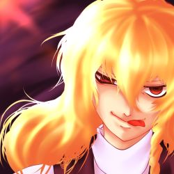 Rule 34 | 1girl, :p, blonde hair, crazy eyes, discharge cycle, female focus, kirisame marisa, portrait, red eyes, smile, solo, tobi (discharge cycle), tongue, tongue out, touhou