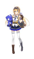 Rule 34 | 1girl, ahoge, biturba urbanobna, blonde hair, blue eyes, blue necktie, blue ribbon, blue skirt, boots, brown footwear, brown jacket, brown thighhighs, formation girls, full body, goggles, goggles on head, hair ribbon, highres, jacket, long hair, low twintails, mataro (matarou), necktie, official art, pleated skirt, ribbon, shirt, skirt, smile, solo, stuffed animal, stuffed toy, teddy bear, thighhighs, transparent background, twintails, white shirt