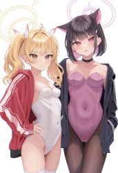 Rule 34 | 2girls, absurdres, animal ears, black choker, black hair, black jacket, blonde hair, blue archive, blush, breasts, brown eyes, brown pantyhose, choker, closed mouth, colored inner hair, covered navel, cowboy shot, extra ears, hair ribbon, halo, highres, jacket, kazusa (blue archive), leotard, long hair, looking at viewer, medium breasts, multicolored hair, multiple girls, nontraditional playboy bunny, open clothes, open jacket, pantyhose, parted lips, pink eyes, pink hair, pink leotard, red jacket, ribbon, short hair, simple background, small breasts, strapless, strapless leotard, takio (kani sama), thighhighs, twintails, white background, white leotard, white thighhighs, yoshimi (blue archive)