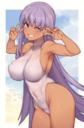 Rule 34 | 1girl, armpits, bare shoulders, bb (fate), bb (fate) (all), bb (swimsuit mooncancer) (fate), bb (swimsuit mooncancer) (third ascension) (fate), blush, breasts, collarbone, covered navel, dark-skinned female, dark skin, double v, fate/grand order, fate (series), gloves, grin, highleg, highleg leotard, highres, jp06, large breasts, leotard, long hair, looking at viewer, one eye closed, purple eyes, purple hair, smile, tan, v, very long hair, wet, white gloves, white leotard