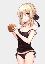 Rule 34 | 1girl, :t, alternate breast size, artoria pendragon (all), artoria pendragon (fate), black panties, black ribbon, black shirt, blonde hair, blouse, braid, breasts, burger, cleavage, fate/grand order, fate/stay night, fate (series), food, french braid, grey background, hair ribbon, highres, holding, holding food, jewelry, leatzche, looking at viewer, medium breasts, necklace, off shoulder, panties, pendant, ribbon, saber alter, shirt, side-tie panties, sidelocks, solo, underwear, yellow eyes