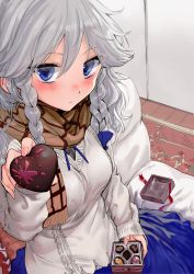 Rule 34 | 1girl, alternate costume, blue bow, blue eyes, blue skirt, blush, bow, box, box of chocolates, braid, breasts, brown scarf, candy, carpet, chocolate, chocolate heart, closed mouth, contemporary, couch, fingernails, food, geppewi, grey sweater, hair between eyes, hair bow, heart, holding, holding box, holding food, incoming food, indoors, izayoi sakuya, long fingernails, long hair, long sleeves, looking at viewer, medium breasts, nail polish, no headwear, on couch, pink nails, pov, scarf, silver hair, sitting, skirt, solo, sweater, sweets, touhou, twin braids