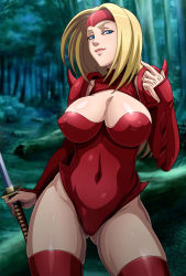 Rule 34 | 1girl, blonde hair, blue eyes, breasts, cameltoe, capcom, character request, clothing cutout, highres, katana, leotard, lipstick, luna (punisher), makeup, ninja, punisher (capcom), red legwear, red leotard, sano br, shoulder spikes, spikes, sword, the punisher, weapon, wide hips