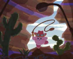 Rule 34 | :o, arm up, blue eyes, blue sky, blush, blush stickers, cactus, cliff, cloud, commentary request, cowboy hat, day, desert, full body, hat, holding, holding whip, kirby, kirby (series), lamppost, looking at viewer, miclot, mountain, nintendo, no humans, open mouth, outdoors, pink footwear, plant, red headwear, rock, shoes, sky, standing, standing on one leg, star (symbol), v-shaped eyes, whip, whip kirby