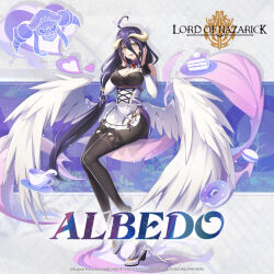 1girl albedo_(overlord) angel_wings bare_shoulders breasts character_name character_request cleavage dress feathered_wings high_heels large_breasts long_hair looking_at_viewer lord_of_nazarick official_art overlord_(maruyama) promotional_art purple_hair sitting solo very_long_hair white_wings wings yellow_eyes