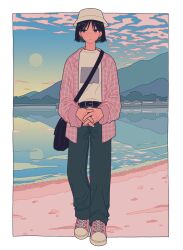 Rule 34 | 1girl, absurdres, bag, beach, belt, black bag, black belt, black eyes, black hair, black pants, border, bright pupils, cloud, cloudy sky, expressionless, full body, highres, long sleeves, original, outdoors, pants, pink footwear, pink shirt, plaid, plaid shirt, reflection, shi oo, shirt, shirt tucked in, shoes, short hair, shoulder bag, sky, solo, standing, white border, white headwear, white pupils