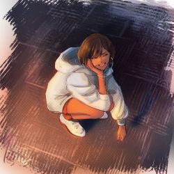 Rule 34 | 1girl, arm support, bracelet, brown hair, closed eyes, commentary, facing viewer, from above, grin, head rest, highres, hood, hoodie, jewelry, meiko (vocaloid), short hair, shorts, smile, solo, squatting, tan, tile floor, tiles, vocaloid, yen-mi