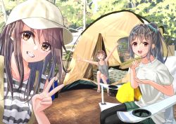 Rule 34 | 3girls, arm up, arms up, artist name, backpack, bag, bare arms, baseball cap, black legwear, blue shorts, brown hair, camping, camping chair, chair, closed eyes, commentary request, day, feet out of frame, food, forest, green shorts, grey shirt, grin, hair ornament, hair scrunchie, hat, holding, holding food, hot dog, leaning to the side, looking at viewer, medium hair, multiple girls, nature, open mouth, original, outdoors, pantyhose, ponytail, sandals, scenery, scrunchie, sena (illust sena), shirt, shorts, sitting, sleeveless, sleeveless shirt, smile, striped clothes, striped shirt, t-shirt, tank top, teeth, tent, towel, upper teeth only, v, white shirt, yellow towel