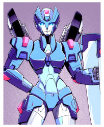 Rule 34 | 1girl, arm behind back, autobot, blue eyes, chromia, clenched hand, collaboration, holding, holding shield, josh burcham, looking at viewer, shield, solo, the transformers (idw), transformers, wheel, will mangin