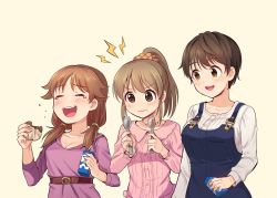 Rule 34 | 10s, 3girls, :d, belt, blouse, blush, breasts, brown eyes, brown hair, buttons, cleavage, closed eyes, closed mouth, collarbone, cookie, crumbs, dress, eating, eyelashes, food, frown, furrowed brow, high ponytail, highres, holding, holding food, hori yuuko, idolmaster, idolmaster cinderella girls, jewelry, kamille (vcx68), katagiri sanae, large breasts, laughing, light brown hair, lightning bolt symbol, looking at another, low twintails, medium breasts, medium hair, milk carton, multiple girls, necklace, oikawa shizuku, open mouth, overalls, pink shirt, ponytail, purple dress, scrunchie, shirt, short hair, short twintails, sidelocks, simple background, small breasts, smile, spiked hair, spork, tearing up, teeth, twintails, upper body, wavy mouth, white shirt, yellow background, yellow eyes