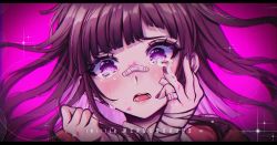 Rule 34 | 1girl, @ @, artist name, bandaged hand, bandages, bandaid, bandaid on face, bandaid on nose, blush, criis-chan, danganronpa (series), danganronpa 2: goodbye despair, gradient background, hands up, letterboxed, long hair, looking at viewer, nail polish, open mouth, pink background, portrait, purple eyes, purple hair, purple nails, solo, sparkle, tears, teeth, tongue, tsumiki mikan