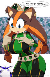 Rule 34 | 1girl, alternate breast size, ass, asui tsuyu (cosplay), big the cat, blue eyes, bodysuit, boku no hero academia, breasts, cleavage, cosplay, crossover, english text, furry, gloves, goggles, goggles on head, highres, huge breasts, kojiro-brushard, looking at viewer, sega, sonic (series), sonic boom (series), sticks the badger, tail, thick thighs, thighs, tongue, tongue out, twintails, wide hips