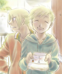 Rule 34 | 2boys, ^ ^, alphonse elric, blonde hair, blue jacket, brothers, closed eyes, edward elric, fullmetal alchemist, gift, hand on own hip, happy, holding, holding gift, jacket, looking away, male focus, multiple boys, nenone miya, open mouth, red jacket, serious, short hair, siblings, smile