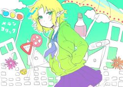 Rule 34 | 1girl, alternate costume, blonde hair, blue neckwear, blush, bottle, closed mouth, cloud, colored skin, commentary request, cookie (touhou), cowboy shot, earbuds, earphones, green eyes, green sweater, hands in pockets, joker (cookie), long sleeves, looking at viewer, mizuhashi parsee, odennoden, parted bangs, plastic bottle, pleated skirt, pointy ears, purple skirt, road sign, school uniform, serafuku, short hair, sign, skirt, solo, stop sign, surreal, sweater, touhou, traffic light, umbrella, white skin