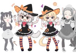 Rule 34 | 4girls, :d, ^ ^, animal ears, arms up, black dress, black hair, black hat, black pantyhose, black shirt, blonde hair, blush, blush stickers, bow, brown eyes, candy, candy cane, candy wrapper, character request, closed eyes, commission, dress, food, grey hair, grey shirt, hair between eyes, hands up, hat, hat bow, highres, kemono friends, kibisake, lollipop, multiple girls, notice lines, open mouth, orange bow, pantyhose, puffy short sleeves, puffy sleeves, shirt, short sleeves, simple background, skeb commission, skirt, sleeveless, sleeveless dress, smile, standing, striped clothes, striped thighhighs, swirl lollipop, tail, thighhighs, white background, white skirt, witch hat, wrist cuffs
