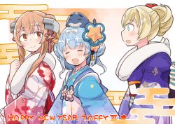 Rule 34 | 3girls, animal, animal on head, apron, blonde hair, blue eyes, blue hair, blue kimono, closed eyes, commentary request, double bun, enjaku izuku, floral print, fur-trimmed kimono, fur trim, gambier bay (kancolle), hair bun, happy new year, highres, japanese clothes, johnston (kancolle), kantai collection, kimono, little blue whale (kancolle), multiple girls, new year, official alternate costume, official alternate hairstyle, on head, pink kimono, samuel b. roberts (kancolle), samuel b. roberts mk ii (kancolle), short hair, twintails, white apron