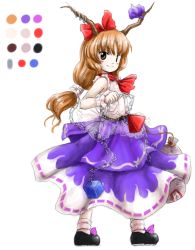 Rule 34 | 1girl, bobby socks, bow, brown eyes, chain, color guide, full body, hair bow, horn ornament, horn ribbon, horns, huyusilver, ibuki suika, long hair, long sleeves, low-tied long hair, official style, orange hair, parody, purple skirt, ribbon, simple background, skirt, sleeveless, smile, socks, solo, style parody, touhou, white background, zun (style)