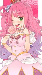 Rule 34 | 1girl, absurdres, blush, bracelet, breasts, candy, cowboy shot, crescent, crown, detached collar, dress, food, gradient hair, green eyes, hair ribbon, highres, himemori luna, himemori luna (1st costume), hololive, jewelry, lollipop, long hair, looking at viewer, medium breasts, mini crown, multicolored hair, neck ribbon, one eye closed, open mouth, patterned background, pink background, pink dress, pink hair, puffy short sleeves, puffy sleeves, purple hair, red ribbon, ribbon, short sleeves, side ponytail, smile, solo, star (symbol), striped neckwear, striped ribbon, swirl lollipop, tonarikeru, tongue, tongue out, two-tone hair, v, virtual youtuber, white ribbon
