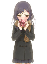 Rule 34 | 1girl, black hair, blush, box, brown eyes, coat, commentary request, covering own mouth, cowboy shot, duffel coat, embarrassed, enpera, gift, half-closed eyes, heart-shaped box, holding, holding gift, ibuki ena, long hair, long sleeves, looking to the side, original, partial commentary, plaid, plaid scarf, pleated skirt, scarf, skirt, solo, straight-on, valentine