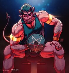 Rule 34 | 1boy, armlet, bara, black hair, black horns, black sclera, black tank top, bulge, colored sclera, colored skin, come hither, curled horns, demon boy, demon horns, demon tail, dumbbell, exercising, facial hair, feet out of frame, glint, goatee, gold, hairy, highres, holding dumbbell, horns, large pectorals, long sideburns, looking at viewer, male focus, mature male, micro shorts, monster boy, muscular, muscular male, nipples, original, pectoral cleavage, pectorals, red skin, sanpaku, seductive smile, short hair, shorts, sideburns, sitting, smile, solo, sparse leg hair, spread legs, sweat, tail, tank top, thick arm hair, thick chest hair, thick eyebrows, thick thighs, thighs, tsurime, weightlifting, yeiko art