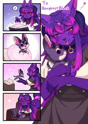 Rule 34 | 1girl, :3, animal ear fluff, animal ears, animal hands, animal nose, artist name, black eyes, black skirt, blank eyes, blush, body fur, book, breasts, claws, cleavage cutout, closed mouth, clothing cutout, collar, colored sclera, commission, creature, demon girl, english text, fangs, female focus, fox ears, fox girl, fox tail, from side, gradient hair, hand up, hands up, happy, headpat, heart, highres, horns, jumping, kuronekochain, light blush, light trail, long hair, magic, magic circle, medium breasts, motion lines, multicolored hair, musical note, on chair, open book, open mouth, original, outline, pawpads, pink hair, profile, purple eyes, purple fur, purple hair, purple horns, shirt, short sleeves, sidelocks, sideways mouth, signature, sitting, skirt, slit pupils, smile, speech bubble, spoken musical note, standing, summoning, tail, tail wagging, teeth, third eye, twitter username, two-tone hair, upper body, white outline, white shirt, yellow sclera