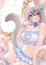 Rule 34 | 1girl, :d, absurdres, akai ame, animal ears, blue bow, blue eyes, blue skirt, bow, breasts, cat cutout, cat ears, cat girl, cat tail, cleavage, clothing cutout, garter straps, grey hair, hair between eyes, hair bow, highres, large breasts, long hair, looking at viewer, nail polish, navel, open mouth, original, skirt, smile, tail, thighs, twintails