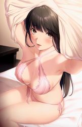Rule 34 | 1girl, 3ri10te, black hair, blush, bra, breasts, brown eyes, clothes lift, commentary request, criss-cross halter, halterneck, highres, indoors, legs together, lifted by self, long hair, looking at viewer, medium breasts, on bed, open mouth, original, panties, pink bra, pink panties, shirt, shirt lift, side-tie panties, sitting, solo, underwear, undressing, white shirt