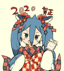 Rule 34 | 1girl, 2020, beige background, black kimono, blue eyes, blue hair, bow, checkered bow, checkered clothes, commentary request, hair between eyes, hair ornament, hand puppet, hands up, head tilt, japanese clothes, kimono, long hair, looking at viewer, multicolored clothes, multicolored kimono, open mouth, original, puppet, red kimono, fukada ichika, shark hair ornament, sharp teeth, simple background, solo, teeth, twintails, upper body, yukimoto shuuji (gurigura)