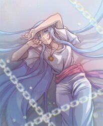 Rule 34 | 1girl, ancient ys vanished, arkibk, blue eyes, blue hair, chain, collarbone, dress, feena (ys), highres, jewelry, long hair, looking at viewer, lying, necklace, on back, parted lips, short sleeves, solo, very long hair, white dress, ys