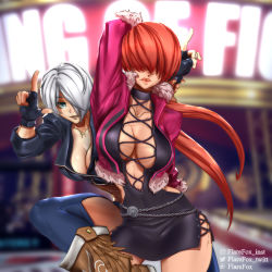 Rule 34 | 2girls, absurdres, angel (kof), black dress, blue eyes, boots, bra, breasts, chaps, cleavage, cleavage cutout, clothing cutout, cowboy boots, cropped jacket, dress, fighting, horns pose, fingerless gloves, flarefox, flarefox twitt, gloves, hair over eyes, hair over one eye, highres, index fingers raised, jacket, large breasts, leather, leather jacket, lipstick, looking at viewer, makeup, multiple girls, red hair, shermie (kof), snk, split ponytail, strapless, strapless bra, the king of fighters, the king of fighters xv, toned, underwear, white hair, wrestling
