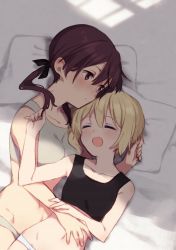 Rule 34 | 2girls, blonde hair, brown eyes, brown hair, commentary request, cowboy shot, erica hartmann, from above, gertrud barkhorn, highres, kodamari, long hair, multiple girls, open mouth, panties, pillow, short hair, sleeping, smile, sports bra, strike witches, twintails, underwear, white panties, world witches series