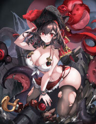 Rule 34 | 1girl, absurdres, adjusting clothes, adjusting headwear, arm up, azur lane, bicorne, bikini, bikini top only, black hair, black thighhighs, breasts, cleavage, coat, grin, hat, highres, large breasts, long hair, looking at viewer, navel, open clothes, open coat, pirate hat, red eyes, red skirt, royal fortune (azur lane), sitting, skindentation, skirt, smile, solo, swimsuit, tentacle hair, tentacles, thighhighs, torn clothes, torn thighhighs, white bikini, xun li eins
