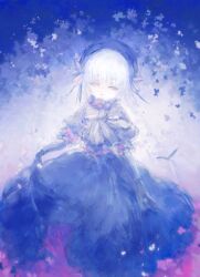 Rule 34 | 1girl, ambre sultan, blue dress, blue hat, bow, bowtie, closed mouth, dress, elbow gloves, fate/grand order, fate (series), frills, gloves, half-closed eyes, hat, highres, looking at viewer, nursery rhyme (fate), pink eyes, procreate (medium), puffy short sleeves, puffy sleeves, short hair with long locks, short sleeves, simple background, solo, twintails, white hair