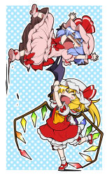 Rule 34 | &gt;:d, 2girls, :d, ascot, bat wings, blank eyes, blonde hair, blue hair, chibi, closed eyes, eichi yuu, fang, flandre scarlet, hat, holding, lifting person, mary janes, mob cap, multiple girls, open mouth, pointy ears, remilia scarlet, shoes, short hair, side ponytail, smile, surprised, touhou, v-shaped eyebrows, wings, wrist cuffs