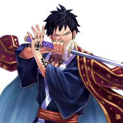 Rule 34 | 1boy, absurdres, alternate costume, black hair, black kimono, chest tattoo, commentary request, facial hair, frown, goatee, hand tattoo, haori, highres, holding, holding sword, holding weapon, jaguar print, japanese clothes, kimono, long sideburns, looking at viewer, male focus, one piece, pectoral cleavage, pectorals, short hair, sideburns, solo, sword, tattoo, toned, toned male, toyoura (23066494), trafalgar law, upper body, weapon