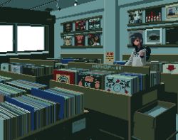Rule 34 | 1girl, animated, animated gif, backpack, bag, female focus, indoors, motocross saito, one side up, original, pixel art, record, record store, shop, solo, window