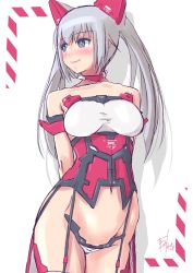 Rule 34 | 10s, 1girl, arms behind back, artist name, blue eyes, blush, boots, commentary request, cowboy shot, dated, detached sleeves, frame arms, frame arms girl, garter straps, grey hair, highres, leotard, light smile, long hair, mecha musume, nenchi, original, signature, sketch, solo, standing, thigh boots, thighhighs