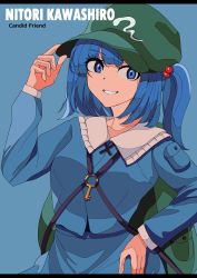 Rule 34 | 1girl, absurdres, backpack, bag, blue background, blue eyes, blue hair, character name, cowboy shot, english text, flat cap, green bag, green hat, grin, hair bobbles, hair ornament, hat, highres, kawashiro nitori, key, long sleeves, looking at viewer, miton iguana, short hair, simple background, smile, solo, standing, touhou, two side up