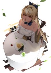Rule 34 | 1girl, :o, absurdres, bare shoulders, blonde hair, blue bow, bow, breasts, candle, cleavage, crossed bangs, dark-skinned female, dark skin, detached collar, detached sleeves, dress, eating, elf, food, food on face, from above, gloves, hair bow, high ponytail, highres, hip vent, hololive, ice cream, itsuya (mohumohu0521), kintsuba (shiranui flare), large breasts, long hair, long sleeves, multicolored hair, open mouth, partially fingerless gloves, plate, pointy ears, ponytail, red eyes, shiranui flare, shiranui flare (old design), solo, spoon, streaked hair, table, very long hair, virtual youtuber, white dress, white hair, wide sleeves