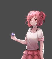 Rule 34 | 1girl, arm at side, ball, bandaged arm, bandages, bandaid, bandaid on arm, bandaid on face, bandaid on hand, bandaid on nose, blood, blood from mouth, bra strap, closed mouth, collarbone, commentary, commission, doki doki literature club, empty eyes, expressionless, frilled skirt, frills, grey background, hand up, himalay39535136, holding, holding ball, injury, looking afar, marble (toy), natsuki (doki doki literature club), pink eyes, pink hair, pink shirt, pink skirt, second-party source, shirt, short sleeves, simple background, skirt, solo, two-tone shirt, two side up, upper body, white shirt