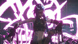 Rule 34 | 1girl, absurdres, arcane: league of legends, arcane jinx, arm tattoo, bare shoulders, blue hair, braid, cloud tattoo, commentary, crop top, english commentary, fingerless gloves, gloves, glowing, glowing eyes, gun, highres, holding, holding gun, holding weapon, jinx (league of legends), league of legends, long hair, looking at viewer, pink eyes, shanevmm, shoulder tattoo, solo, stomach tattoo, tattoo, twin braids, weapon