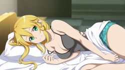 Rule 34 | 1girl, bed, bedroom, blonde hair, blue shorts, braid, breasts, cleavage, from side, game cg, green eyes, grey shirt, hair between eyes, highres, indoors, large breasts, leafa, long hair, lying, off shoulder, official art, official wallpaper, on side, pillow, shirt, short shorts, shorts, side braids, sideboob, sidelocks, sleeveless, sleeveless shirt, smile, solo, sword art online, sword art online: fatal bullet, wallpaper