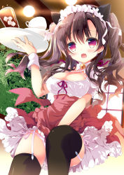 Rule 34 | 1girl, :o, animal ears, apple, bell, black hair, black thighhighs, blush, breasts, cat ears, cleavage, colored eyelashes, covered erect nipples, cup, drinking glass, eyelashes, fang, food, frilled skirt, frills, from below, fruit, garter straps, glass, hair ribbon, holding, ice, ice cube, lamp, large breasts, long hair, maid headdress, moe2016, natsuki yuu (amemizu), original, panties, pantyshot, pink panties, plant, puffy short sleeves, puffy sleeves, purple eyes, red apple, red skirt, ribbon, saucer, shirt, short sleeves, side-tie panties, skirt, skirt tug, solo, thighhighs, tray, two side up, underwear, waitress, white panties, white ribbon, white shirt, window, worried, wrist cuffs