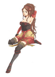 Rule 34 | 1girl, armpits, arms up, breasts, brown eyes, brown hair, cleavage, female focus, full body, hairband, kaihime, long hair, sandals, sengoku musou, sengoku musou 3, simple background, solo, thighhighs, totemonemui, white background