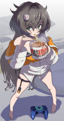 Rule 34 | 1girl, brown hair, controller, eating, food, full body, game controller, goddess of victory: nikke, green eyes, hair intakes, hair ornament, highres, jacket, kamaboko, long hair, multicolored clothes, multicolored jacket, narutomaki, off-shoulder jacket, off shoulder, orange jacket, shorts, solo, spread legs, standing, syope, thigh strap, trony (nikke), two-tone jacket, white jacket, white shorts
